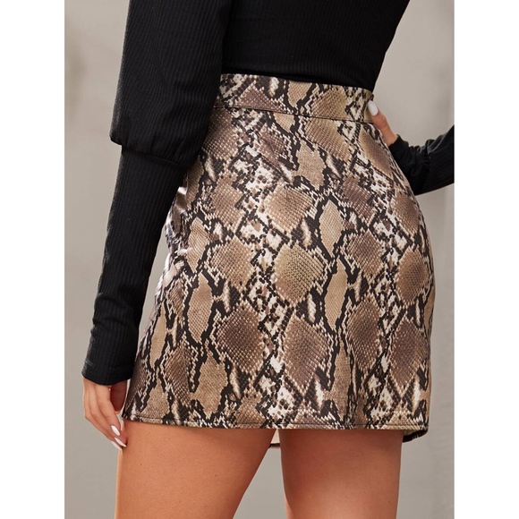 Brown Snakeskin Ring Zipper High Waist Mini Skirt - Picture 2 of 6